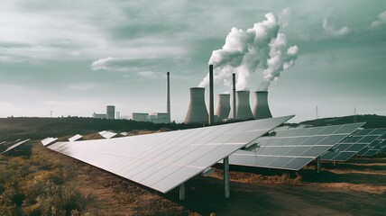 Solar Panels Contrasting with a Fossil Fuel Power Plant