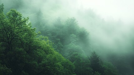 Green forest after rain in a fog top view. Misty rainforest background mock up. Mysterious landscape.