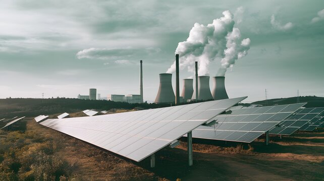 Solar Panels Contrasting with a Fossil Fuel Power Plant
