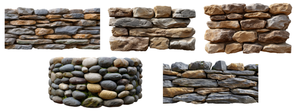 Collection of five rustic stacked stone and pebble wall sections