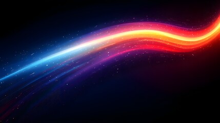 Fototapeta premium Abstract digital artwork featuring a glowing, flowing light trail that transitions from cool blues to warm reds and yellows, embedded with sparkling particles. It evokes speed, energy