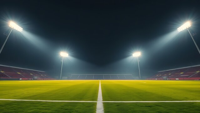 Night soccer field with glowing stadium lights