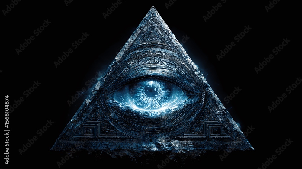 Poster mysterious eye in a pyramid: a captivating image of an illuminated eye nested within a detailed, tex