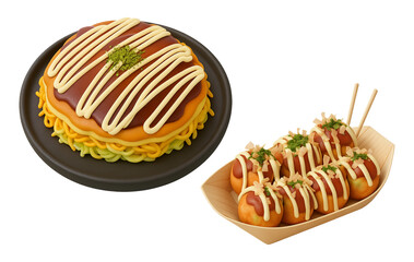 3Dクレイ風の可愛いお好み焼きとたこ焼きのセット｜大阪名物・粉ものイラスト素材