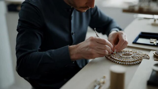 Jeweler placing gemstones on luxurious golden brooch