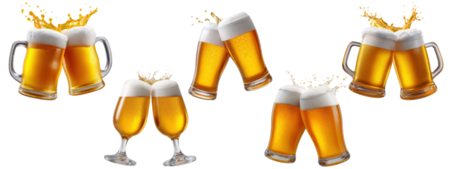 Set of five pairs of clinking beer glasses and mugs with splashing golden liquid