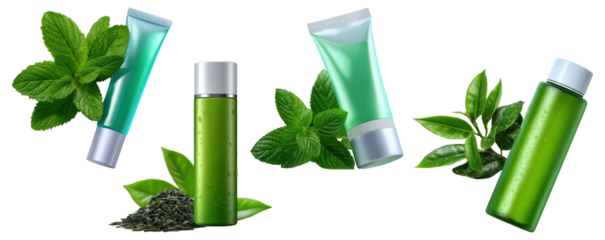 Set of four green and turquoise cosmetic tubes and bottles with fresh mint and tea leaves 
