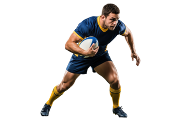 PNG  Male rugby player in a blue and yellow uniform running with the ball