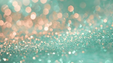 Shimmering mint green pastel glitter texture with soft peach lighting and fine grain sparkle effect, ideal for elegant design backgrounds.