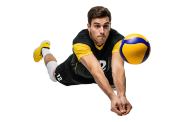 PNG  Male volleyball player diving to hit the ball in a black and yellow uniform