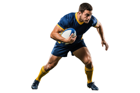 PNG  Male rugby player in a blue and yellow uniform running with the ball - Powered by Adobe