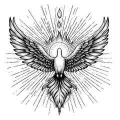 Winged bird descending against radiating lines