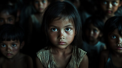 A young girl with striking eyes gazes from a group of children, portraying poverty and resilience in a dark setting.