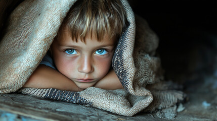 Boy with striking blue eyes peers out from under a burlap sack, conveying innocence and vulnerability in a rustic setting.