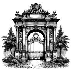 Fototapeta premium Ornate Gate Illustration in Monochrome Style