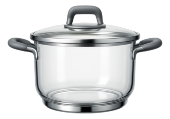 A sleek, modern glass cauldron with a transparent lid, allowing for easy monitoring of cooking progress in a contemporary kitchen.