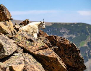 Mountain goat perched on rocky summit