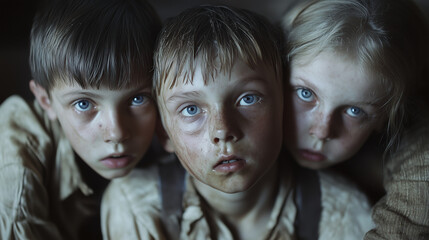 Trio of children with striking blue eyes displays poignant emotion, hinting at stories of hardship and resilience in a vintage setting.
