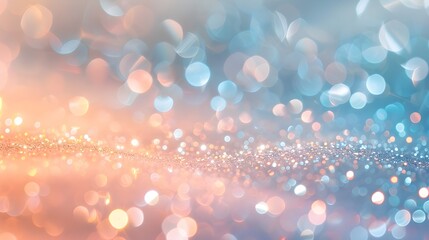 Seamless pastel glitter surface in tones of baby blue and peach, enhanced by warm golden-hour backlight and soft shimmer overlays.