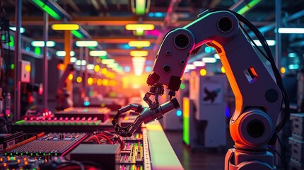 Robotic arm in ethereal factory setting