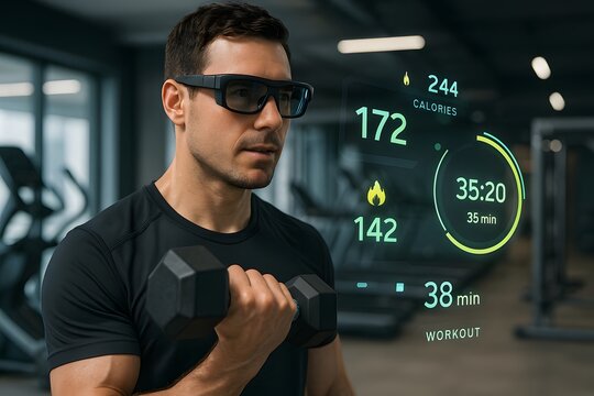 Male Athlete Lifting Dumbbell with Virtual Fitness Display