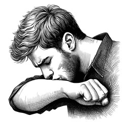 Young man with sad expression resting head on arm
