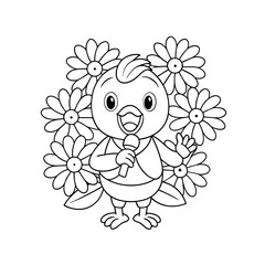 Fototapeta premium Chick Singing to Blooming Flower Outline Coloring Page