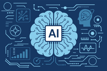 Artificial Intelligence Brain with Microchip and Circuit Technology &ndash; Futuristic Vector Illustration
