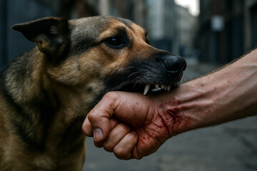 Concept Image of Aggressive Dog Biting Human Arm. Close-Up Scene of Urban Animal Attack with Blood and Injury Depicting Public Safety, Rabies Risk, and Self-Defense Emergency


