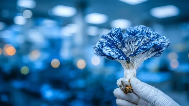 Detailed macro shot of a single psilocybin mushroom in a gloved hand against a sterile laboratory background, emphasizing mycology research and alternative medicine potential of ps