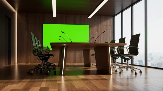 Modern conference room with green screen background for virtual meetings and presentations