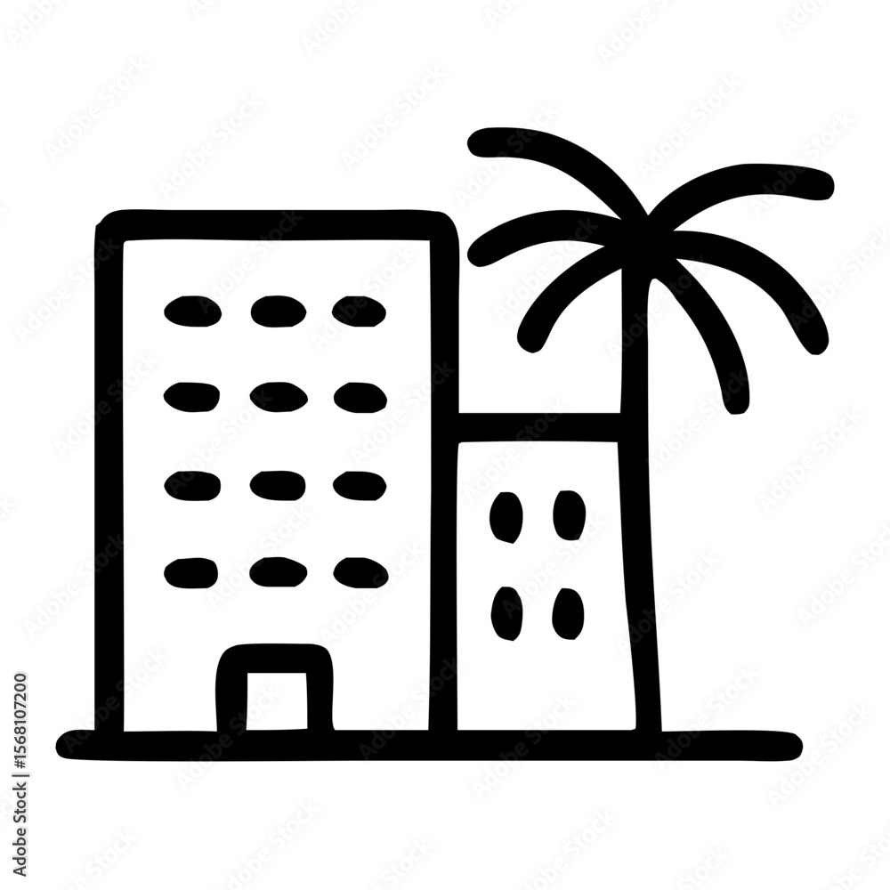 Aufkleber simple handdrawn building and palm tree outline shape icon design