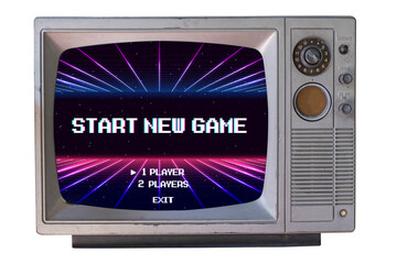 START NEW GAME. pixel art .8 bit game. Retro Futurism Sci-Fi Background. glowing neon grid. on old...