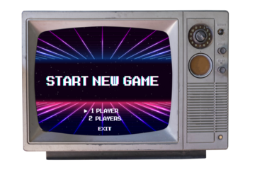 START NEW GAME. pixel art .8 bit game. Retro Futurism Sci-Fi Background. glowing neon grid. on old retro television. Isolated on white background.