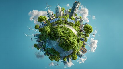 Surreal digital illustration of Earth with eco-friendly city, solar panels, and trees promoting energy saving
