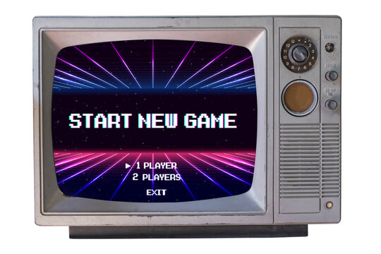 START NEW GAME. pixel art .8 bit game. Retro Futurism Sci-Fi Background. glowing neon grid. on old retro television. Isolated on white background.