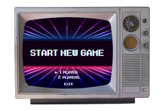 START NEW GAME. pixel art .8 bit game. Retro Futurism Sci-Fi Background. glowing neon grid. on old retro television. Isolated on white background.