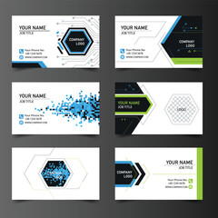 Modern abstract business card templates with geometric and circuit-like designs in blue, green, and black for tech professionals.