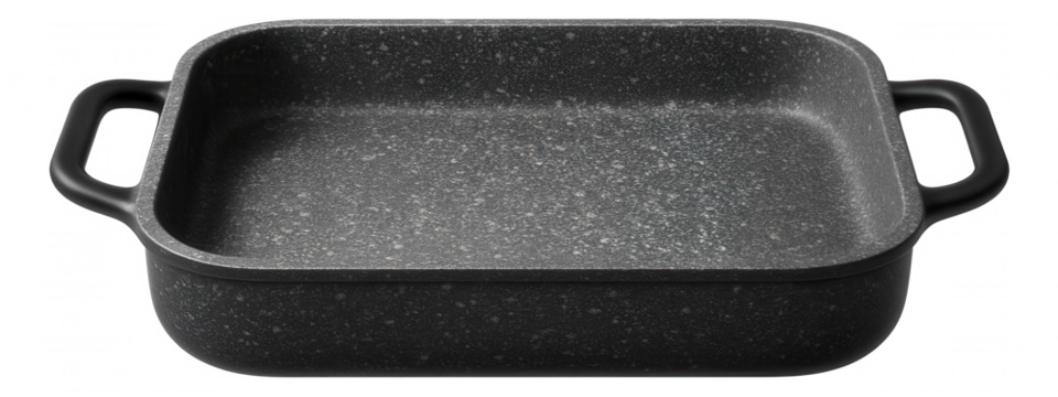 A lightweight granite roasting pan with a speckled design, ideal for grilling fish fillets in a beachside cottage.