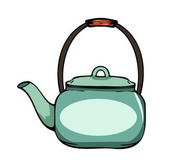 Obraz premium Vintage Green Teapot with Wooden Handle and Minimalist Design