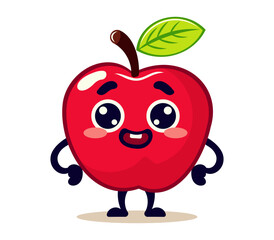 Red Cartoon Apple Character with Happy Expression and Green Leaf