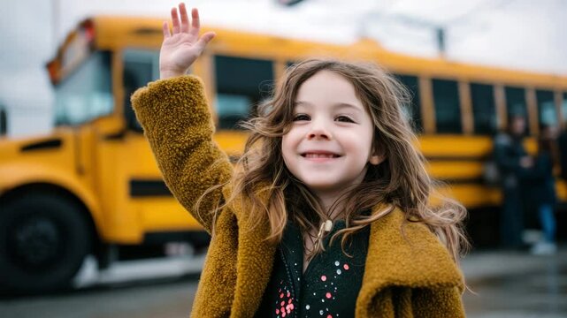 Happy young girl waves goodbye in front of a bright yellow school bus on a sunny day close-up portrait
