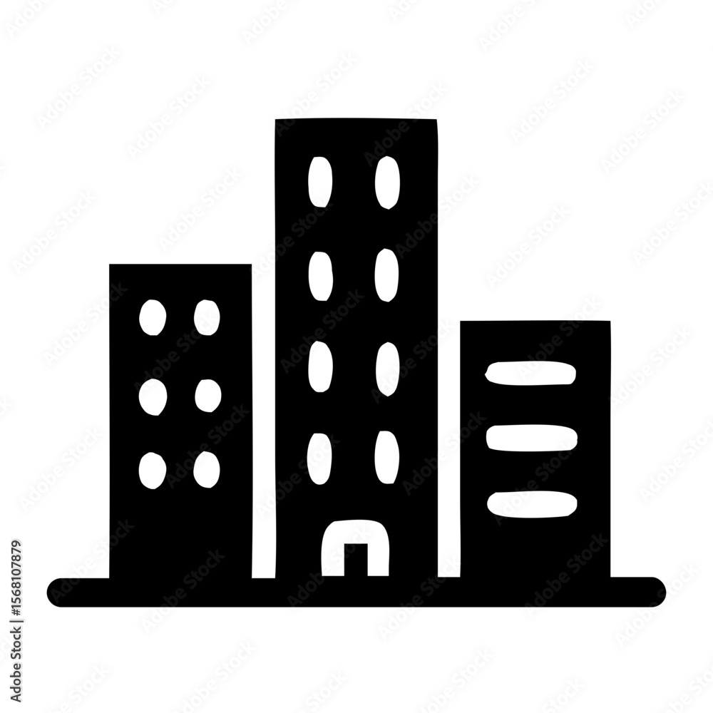 Poster handdrawn simple building outline with various height cityscape icon