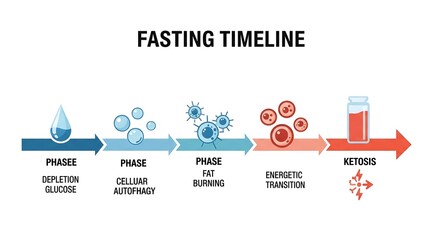 An educational infographic detailing phases and stages of fasting and the process of ketosis