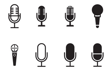 Various microphone icons black on white audio sound
