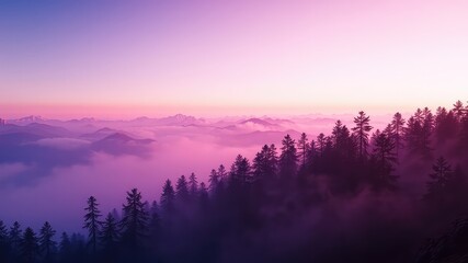 Ethereal purple and pink hues paint the landscape where silhouetted trees rise amidst rolling hills and a blanket of low-lying fog
