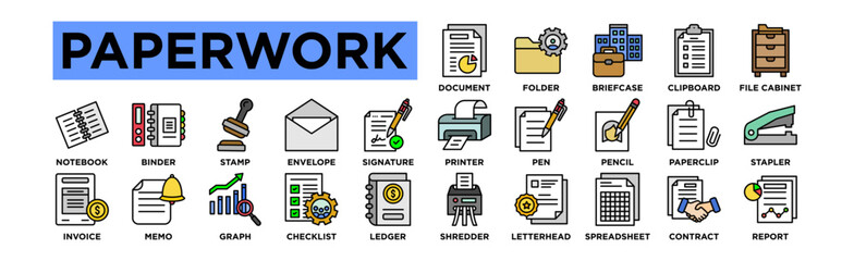 Paperwork  icon set. Editable Stroke Icon Collection. Folder, Briefcase, Clipboard, File Cabinet, Pencil, Paperclip, Stapler, Notebook, Binder, Stamp, Envelope, Signature, Shredder, Letterhead
