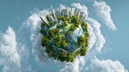 Surreal digital illustration of Earth with eco-friendly city, solar panels, and trees promoting energy saving