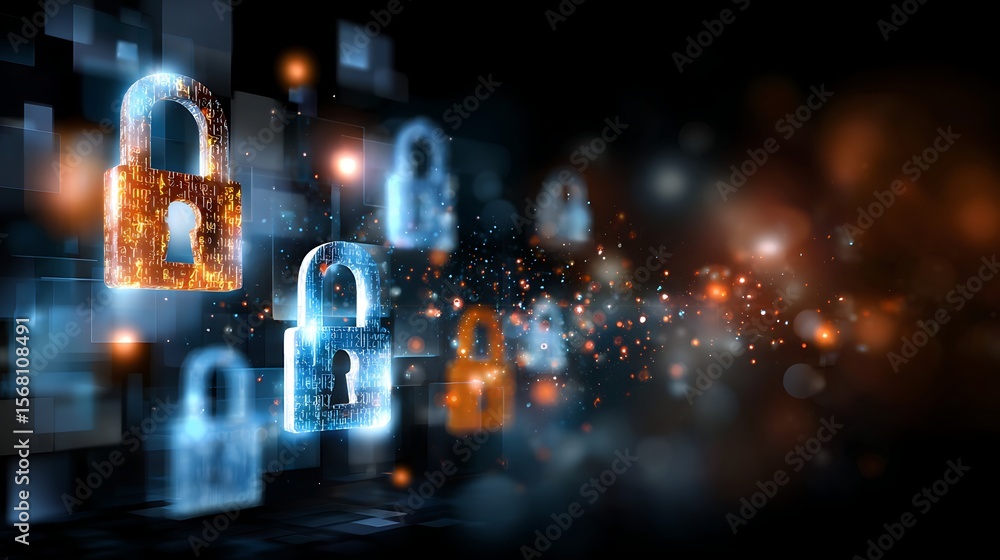 Poster digital fortress: a compelling image of digital locks, each one symbolizing the crucial pillars of s