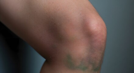 Bruised knee with swelling, showcasing details of injury and skin texture
